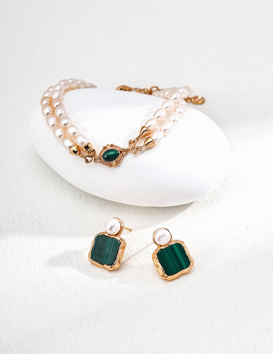 Vintage Gold S925 Silver Earrings with Natural Pearls & Malachite