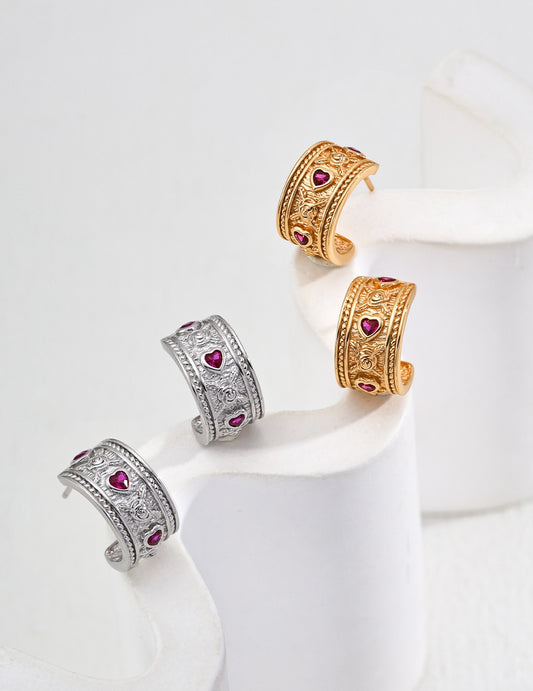 S925 Silver Vintage Heart-Shaped Zircon Earrings