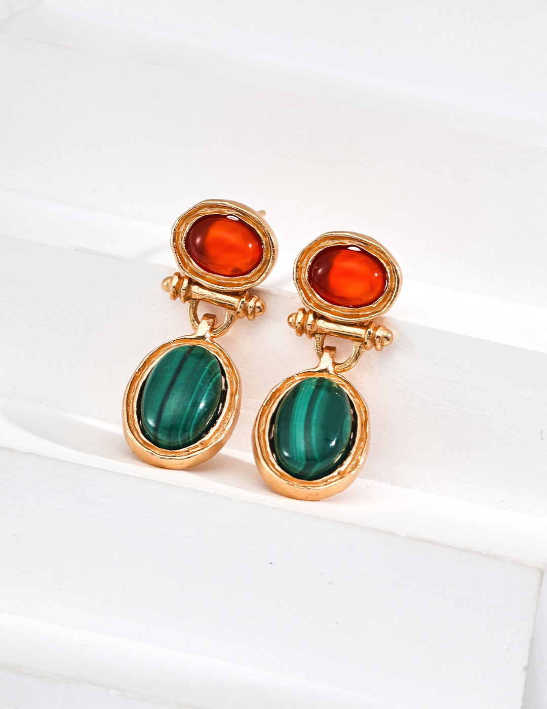 S925 Silver Vintage Malachite & Red Agate Earrings
