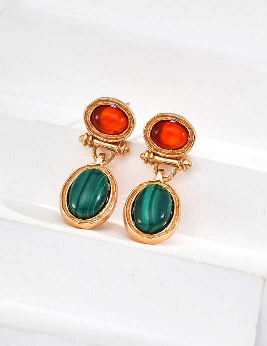S925 Silver Vintage Malachite & Red Agate Earrings