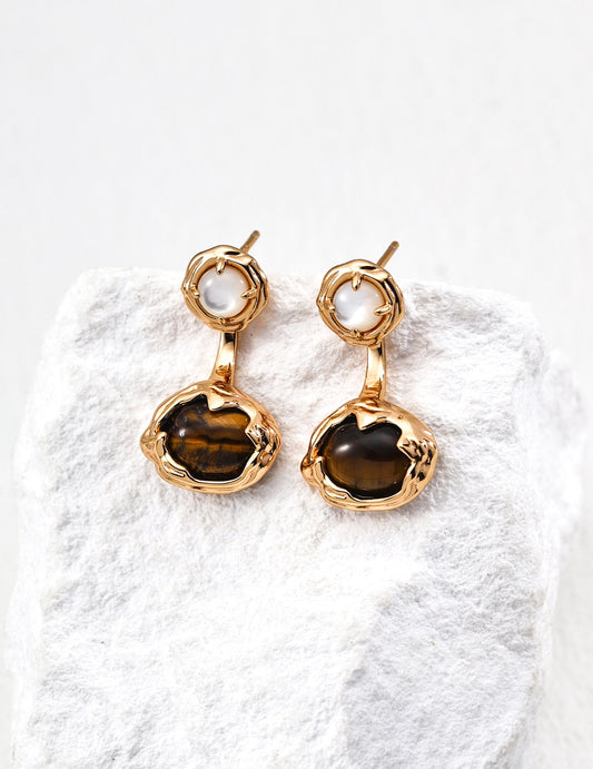 S925 Silver Vintage Tiger Eye &Mother-of-Pearl Earrings (Convertible)