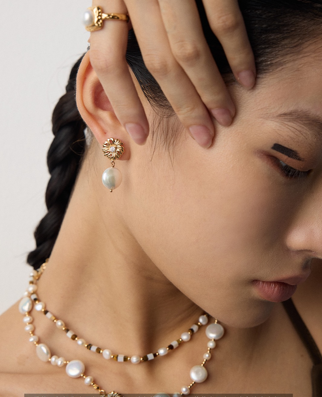 S925 Silver Vintage Gold Pearl &amp; Cubic Zirconia Earrings