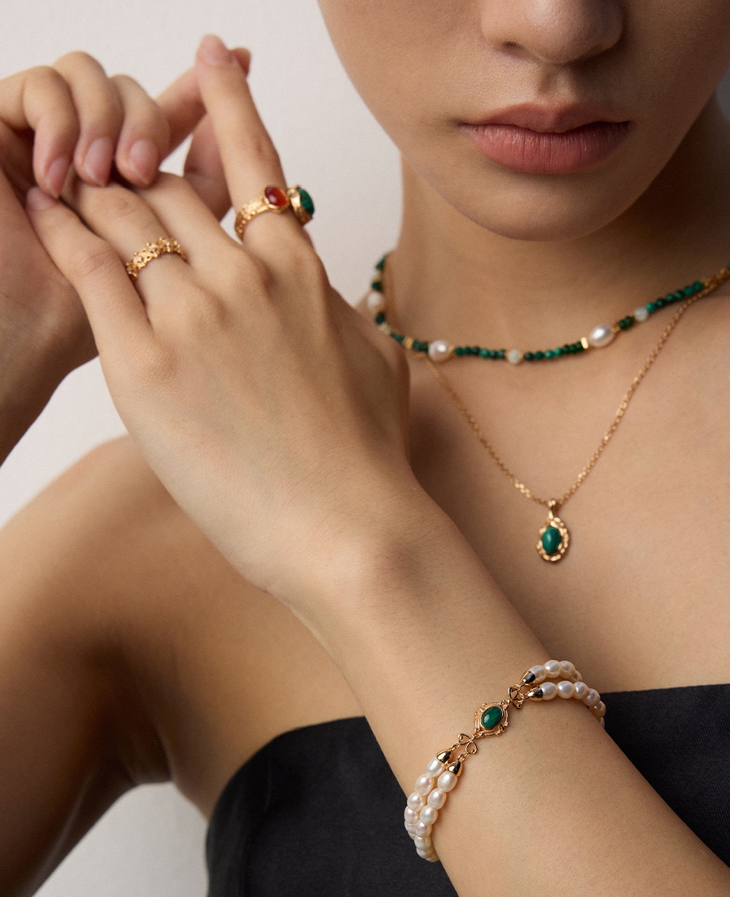 S925 Silver Minimalist Natural Pearl &amp; Malachite Bracelet