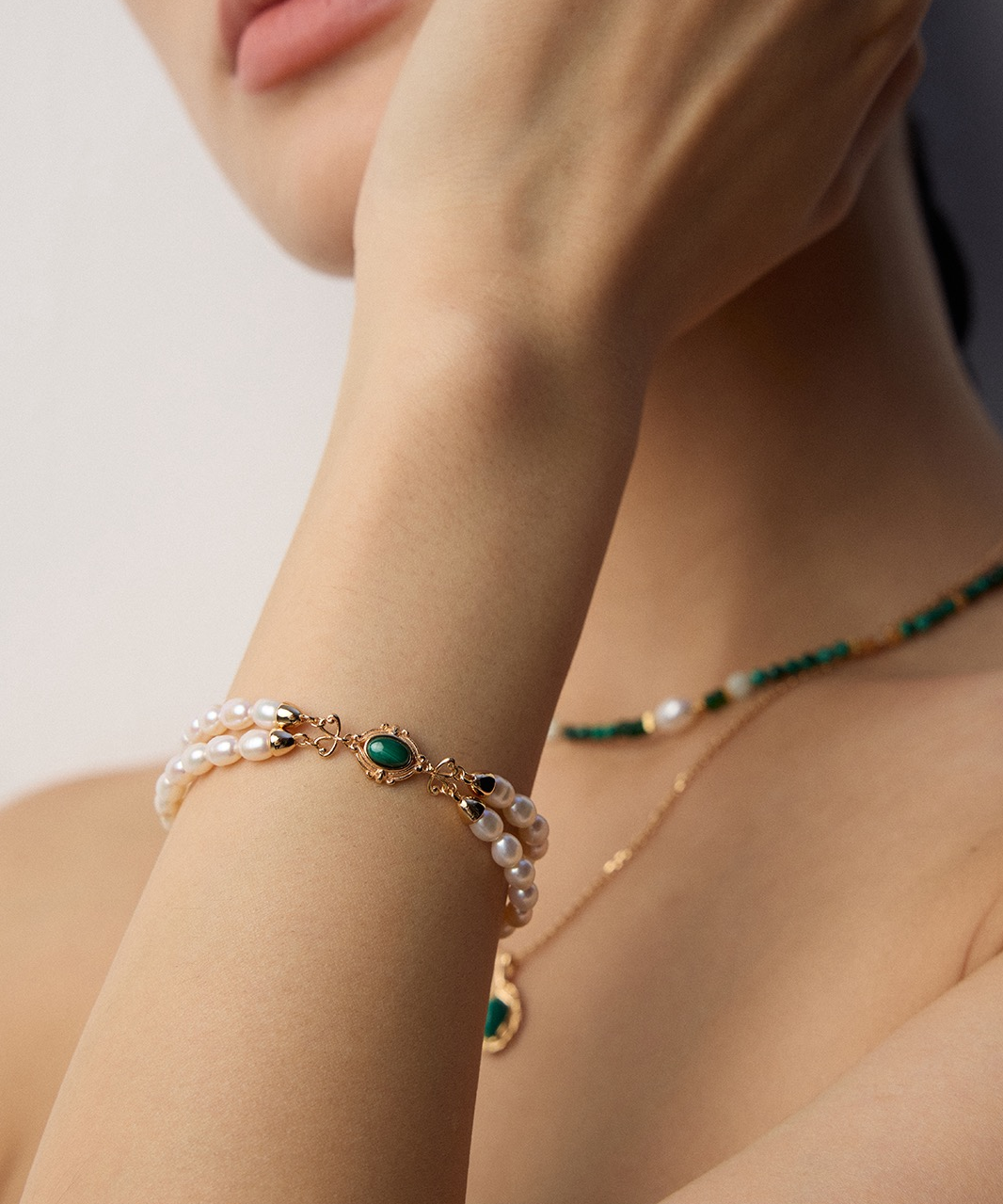 S925 Silver Minimalist Natural Pearl &amp; Malachite Bracelet