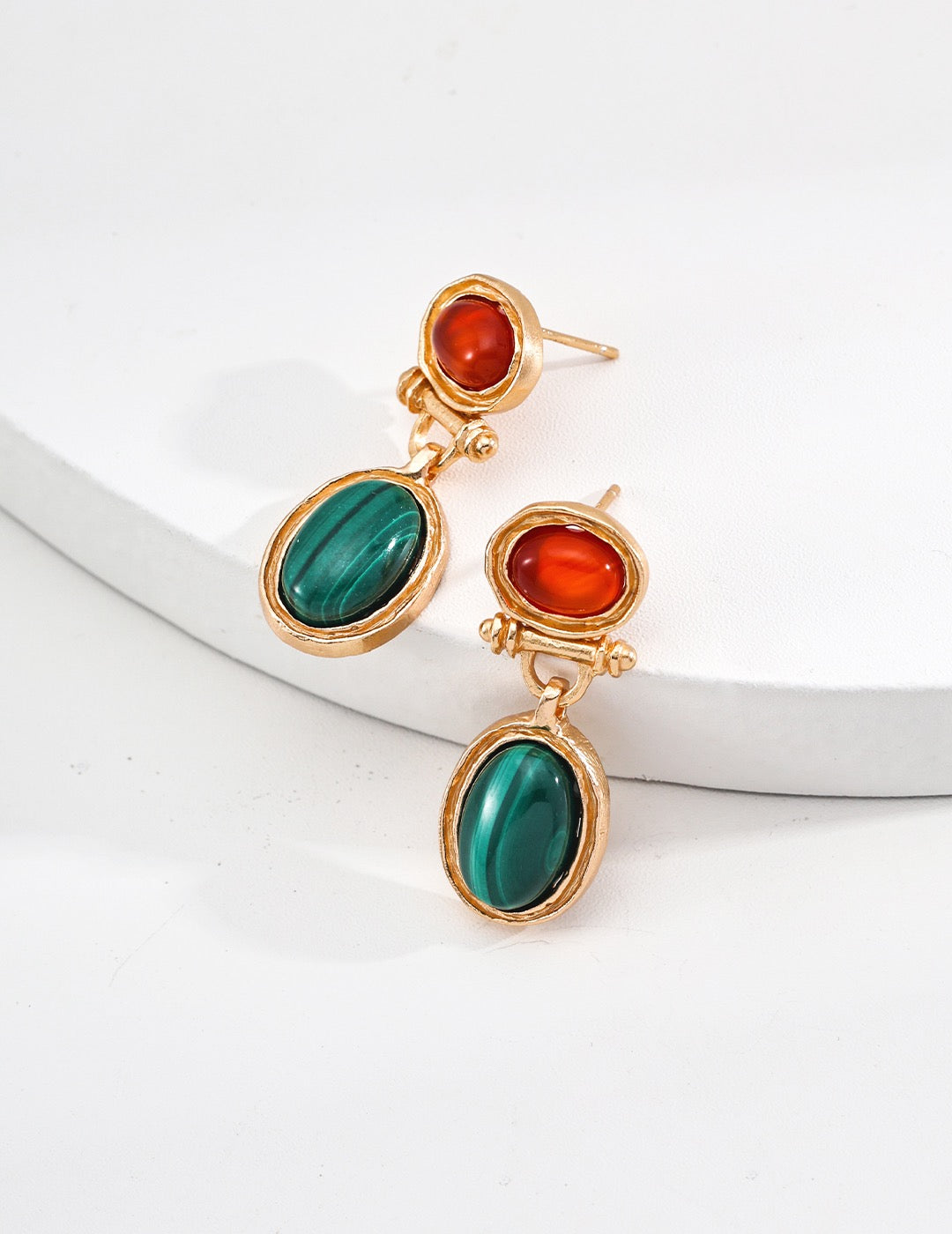 S925 Silver Vintage Malachite & Red Agate Earrings