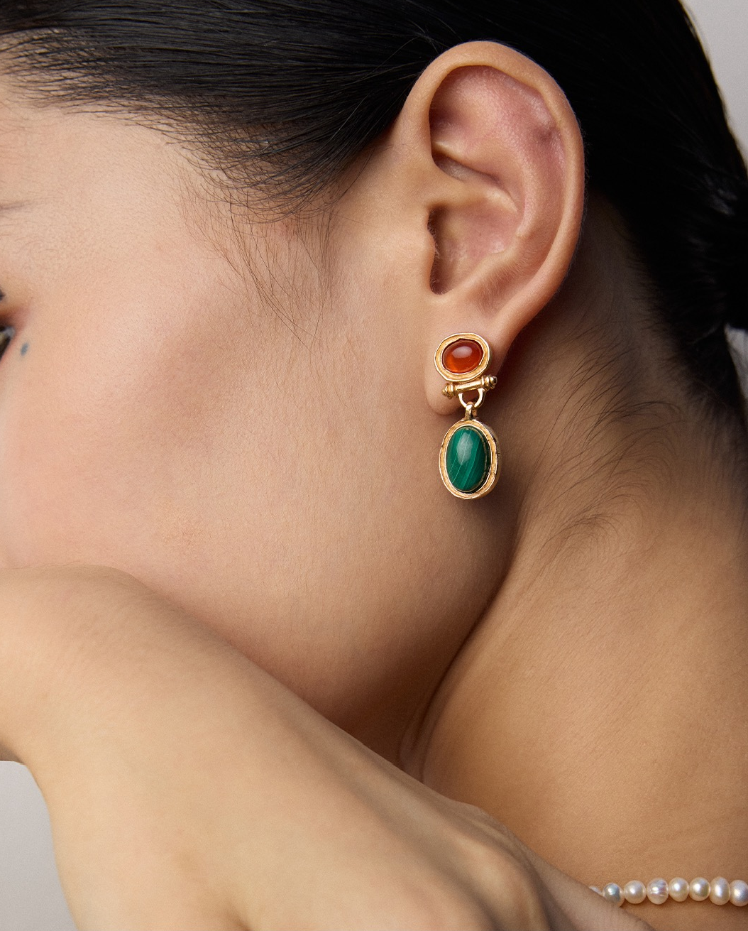 S925 Silver Vintage Malachite & Red Agate Earrings