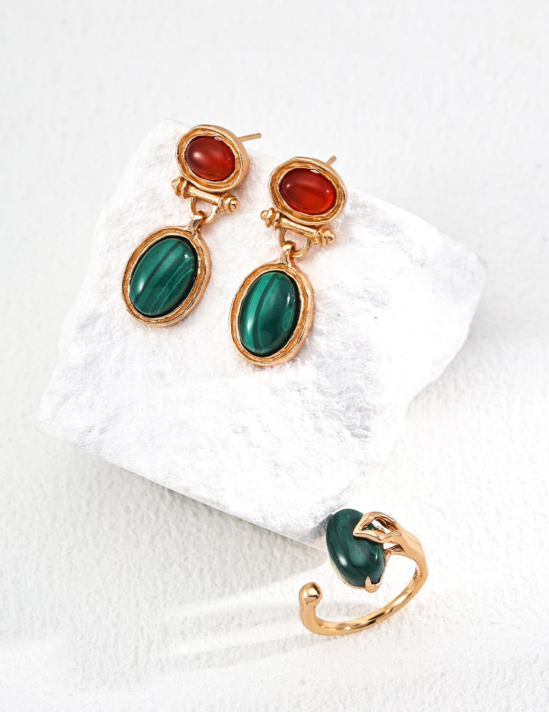 S925 Silver Vintage Malachite & Red Agate Earrings