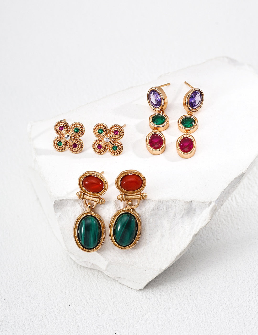 S925 Silver Vintage Malachite & Red Agate Earrings