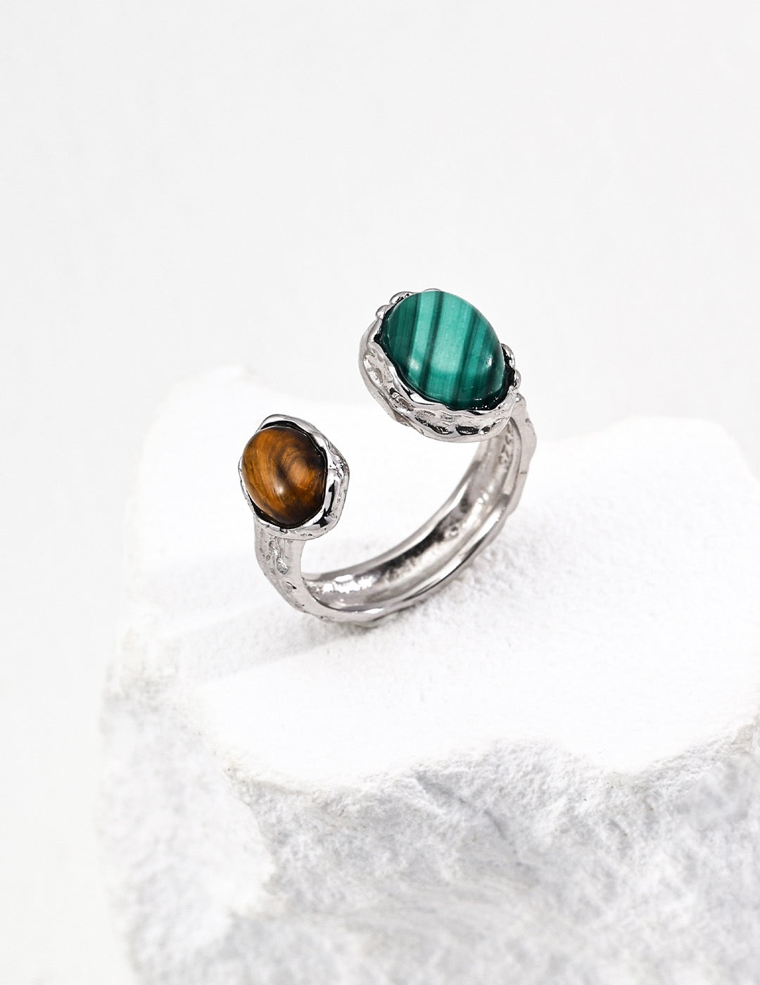 S925 Silver Vintage Malachite, Red Agate &Tiger Eye Ring