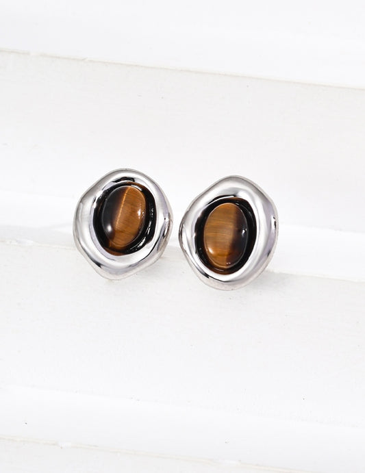 S925 Silver Minimalist Natural Tiger Eye Earrings