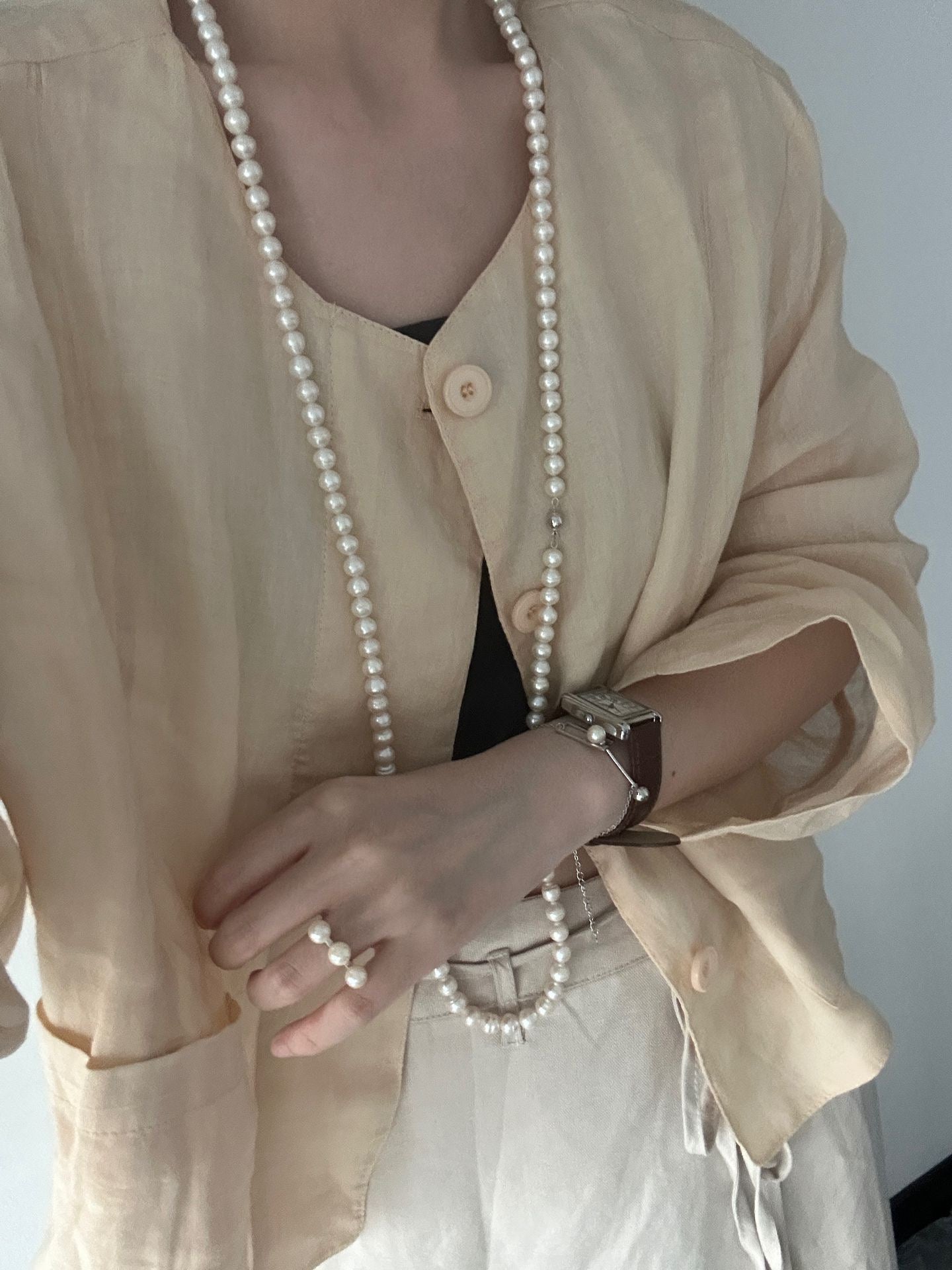 Sterling Silver Textured Pearl Long Necklace · Elegant Sweater Chain