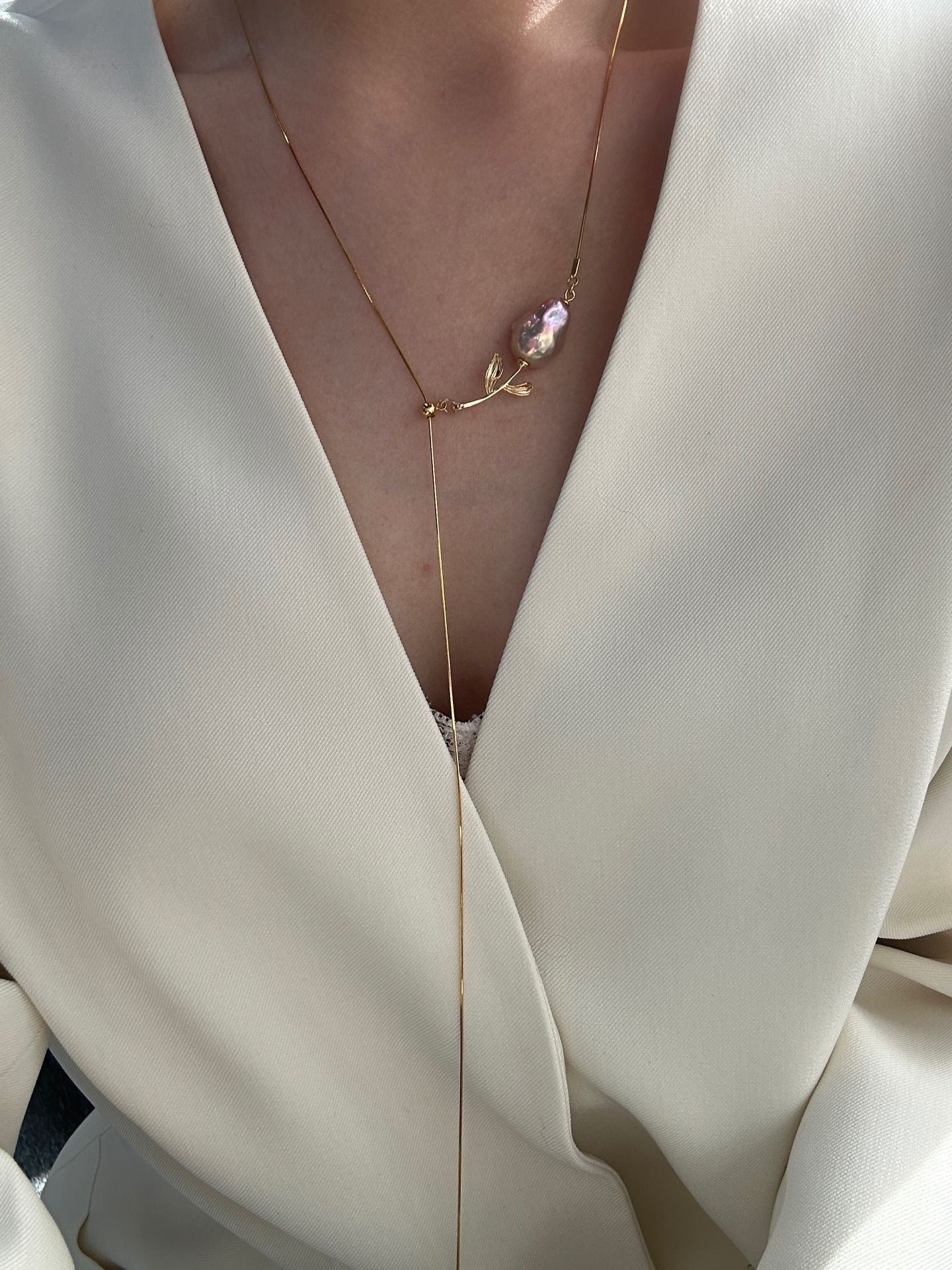 S925 Sterling Silver Iridescent Rose Pendant Sweater Necklace