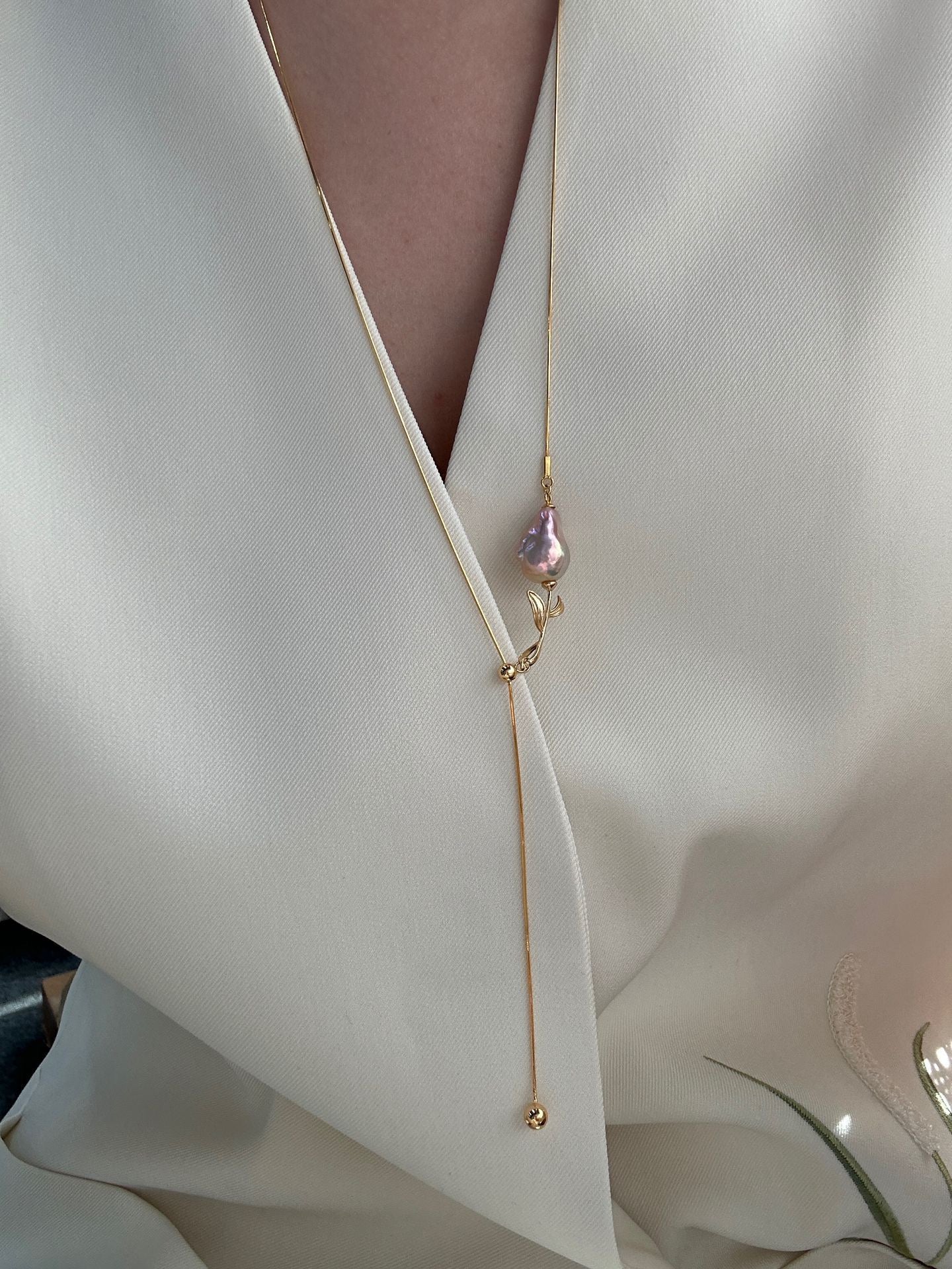 S925 Sterling Silver Iridescent Rose Pendant Sweater Necklace