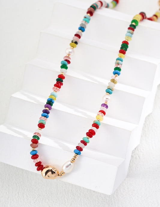 925 Silver Natural Pearl and Colorful Gemstone Necklace