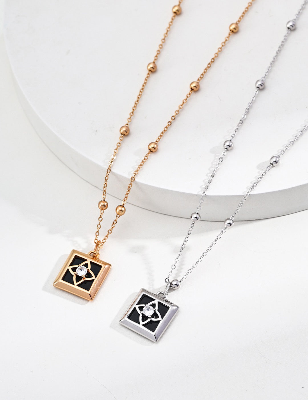 S925 Silver Square Onyx & Zircon Pendant Necklace