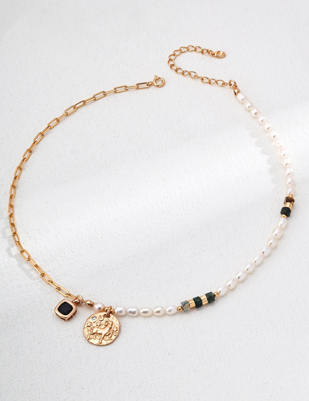 Moss Agate, Pearl &amp; Goat Pendant Necklace