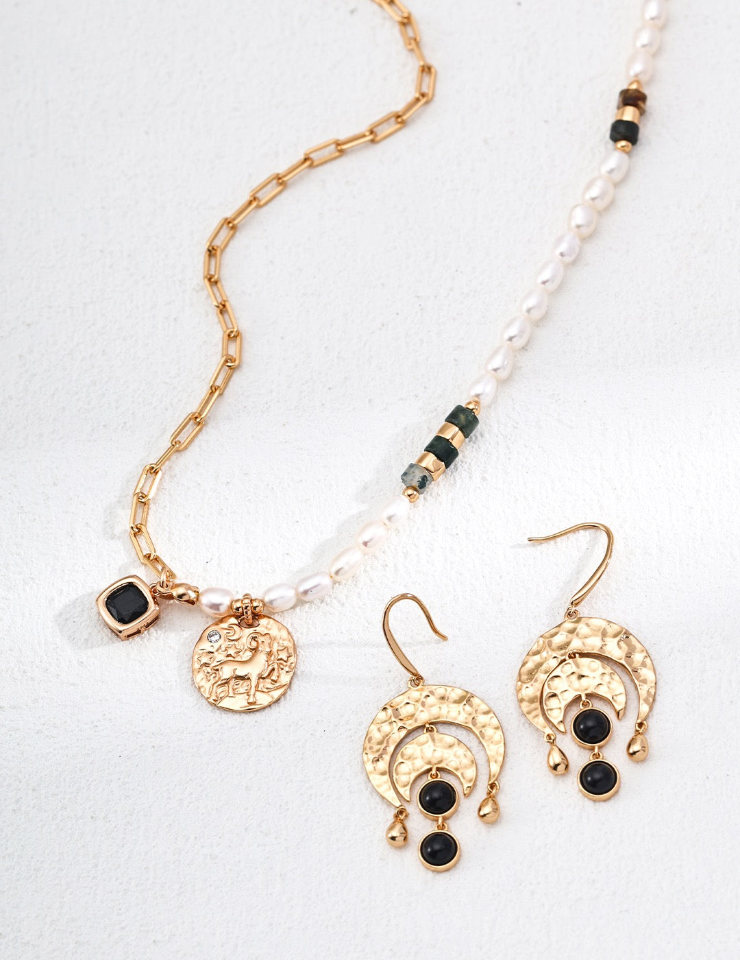 Moss Agate, Pearl &amp; Goat Pendant Necklace