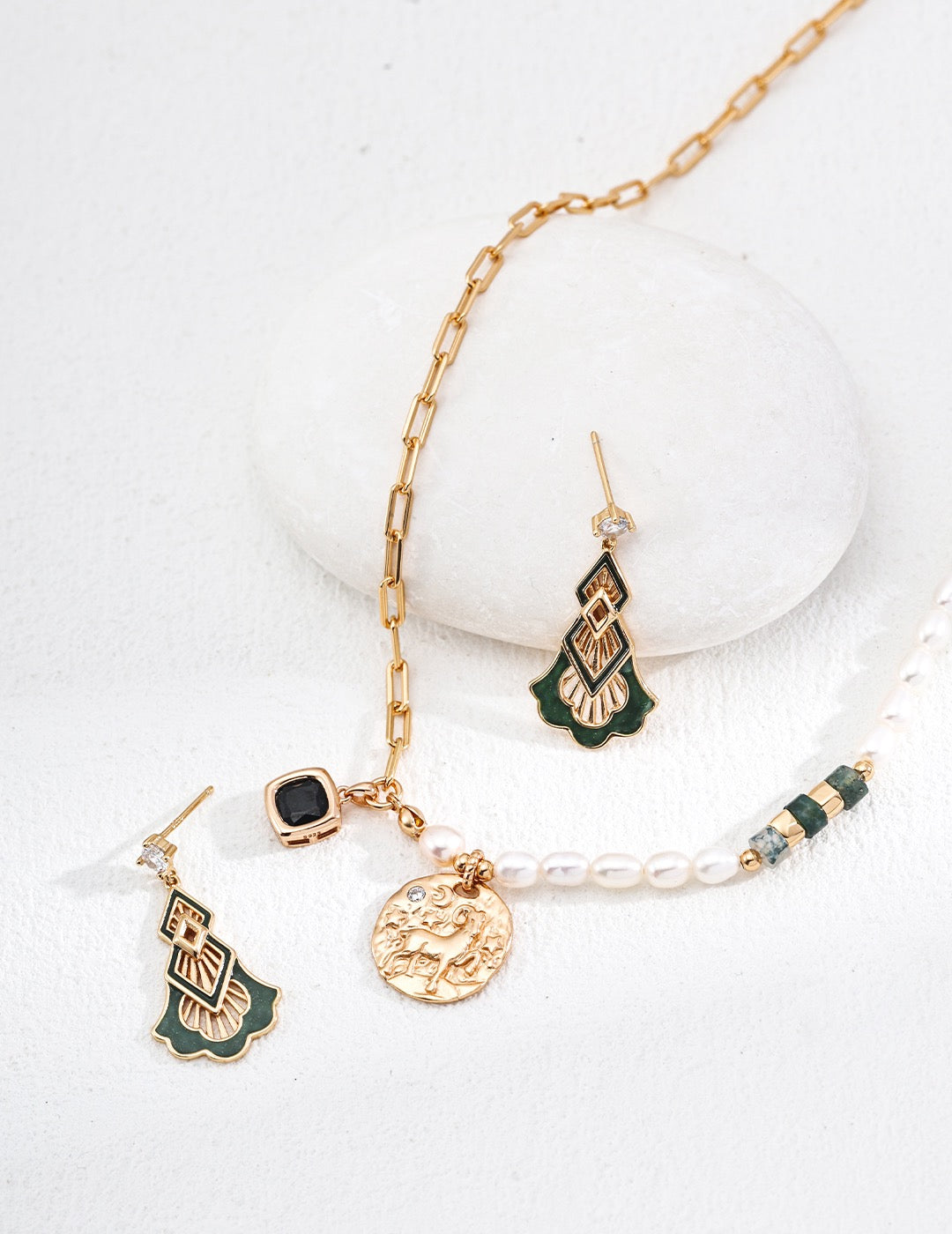 Moss Agate, Pearl &amp; Goat Pendant Necklace