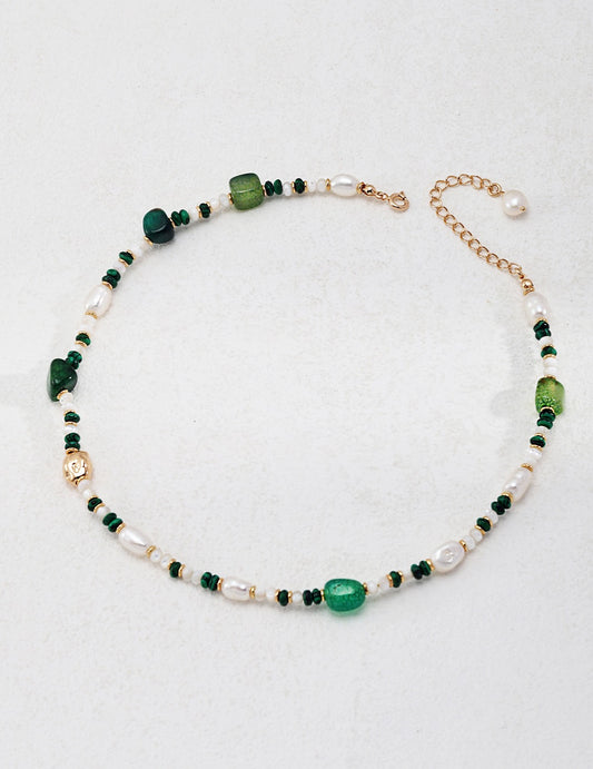 Pearl, Malachite, Green Agate Mother-of-Pearl Necklace
