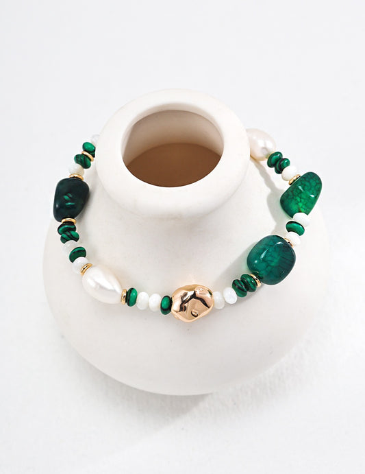 Pearl, Malachite, Striped Green Agate &Mother-of-Pearl Bracelet