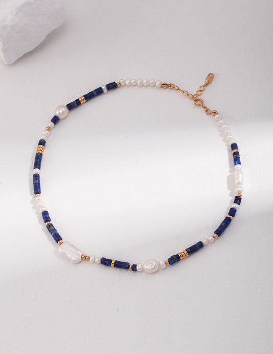 S925 Sterling Silver Lapis Lazuli and Pearl Necklace