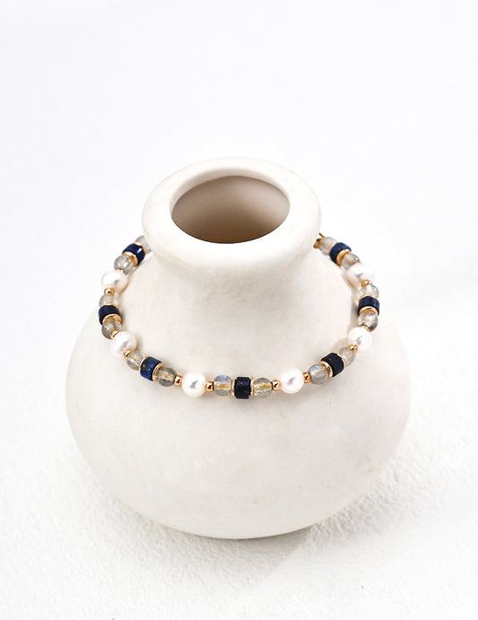 Moonstone, Lapis Lazuli &Freshwater Pearl Bracelet