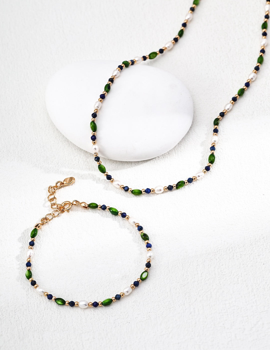 Rice Pearl, Shell Olive Bead & Lapis Lazuli Necklace