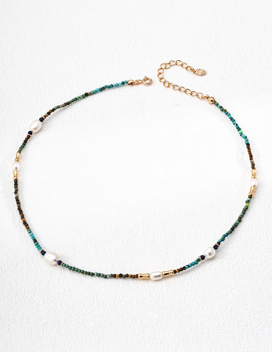 S925 Silver Necklace with Pearl, Lapis Lazuli & Turquoise