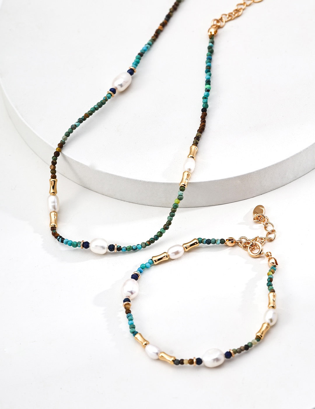 S925 Silver Necklace with Pearl, Lapis Lazuli & Turquoise