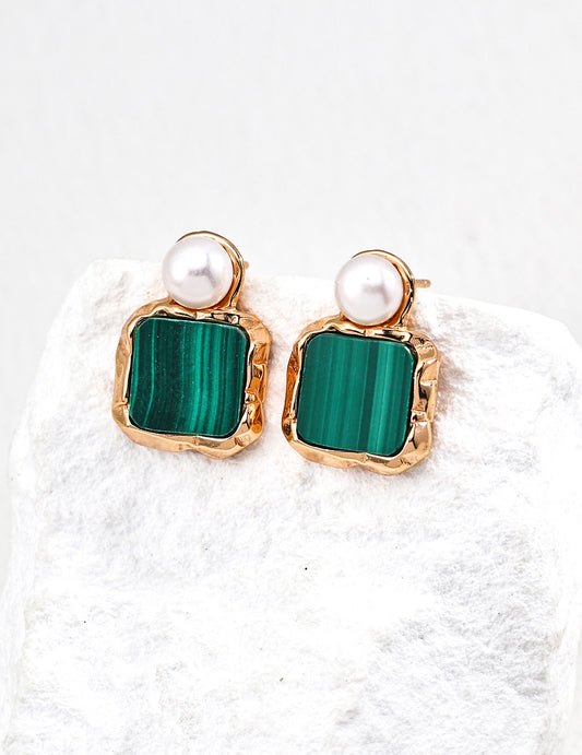 Vintage Gold S925 Silver Earrings with Natural Pearls & Malachite