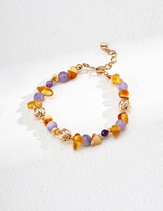 Vintage Gold S925 Silver Bracelet with Natural Amber & Amethyst