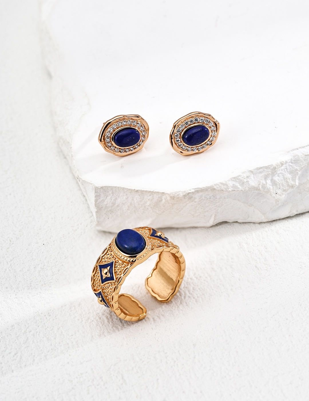 Vintage Gold S925 Silver Earrings with Lapis Lazuli & Zircon