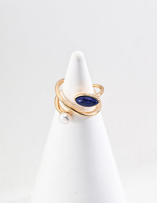 S925 Silver Ring with Natural Pearl & Lapis Lazuli
