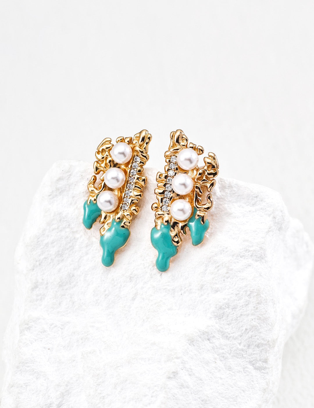 S925 Silver Enamel Earrings with Simulated Pearl & Zircon