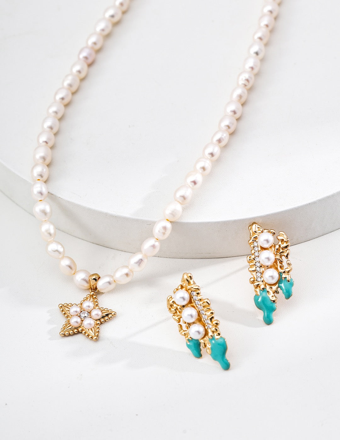 S925 Silver Enamel Earrings with Simulated Pearl & Zircon