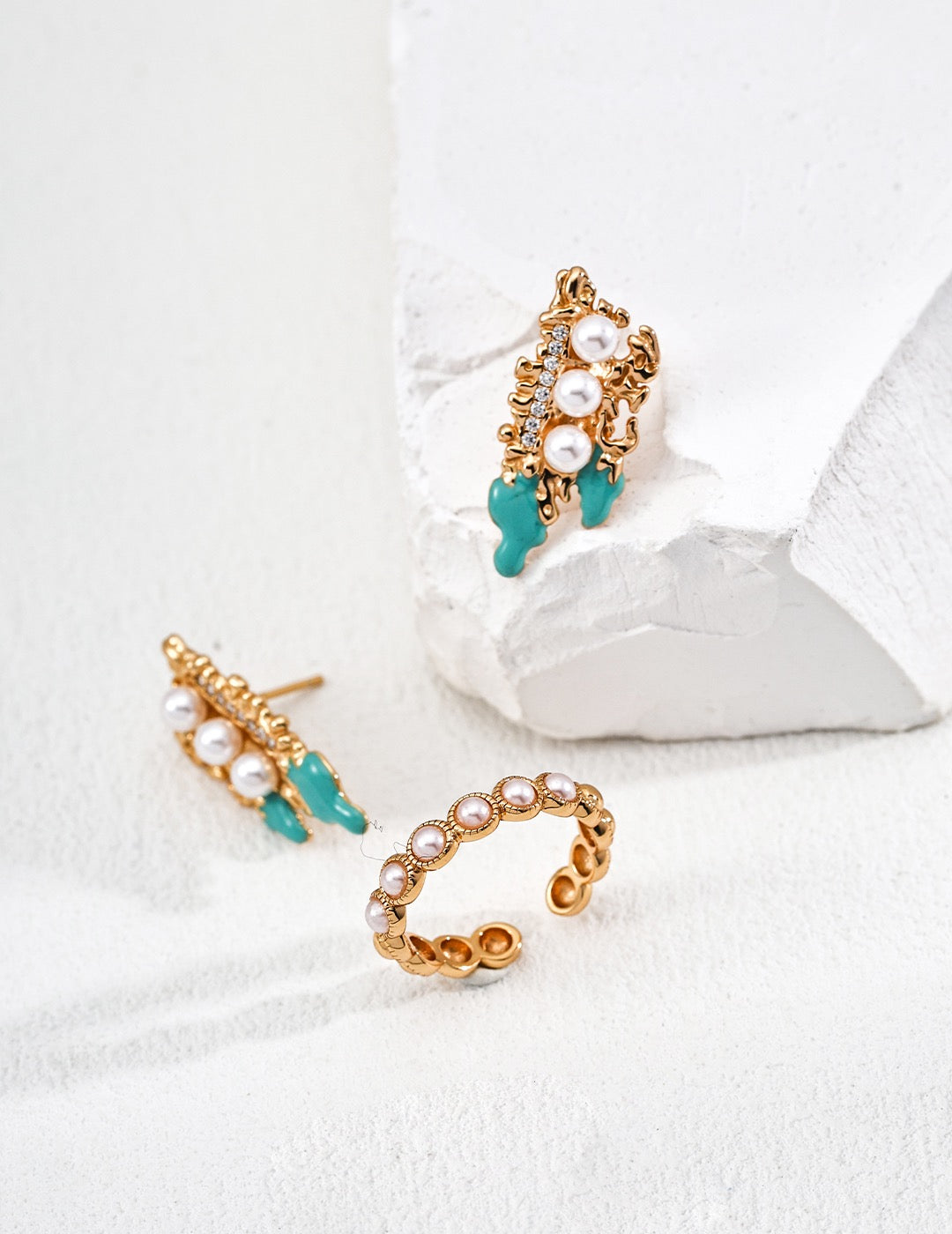 S925 Silver Enamel Earrings with Simulated Pearl & Zircon