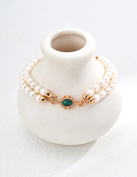 S925 Silver Minimalist Natural Pearl &amp; Malachite Bracelet